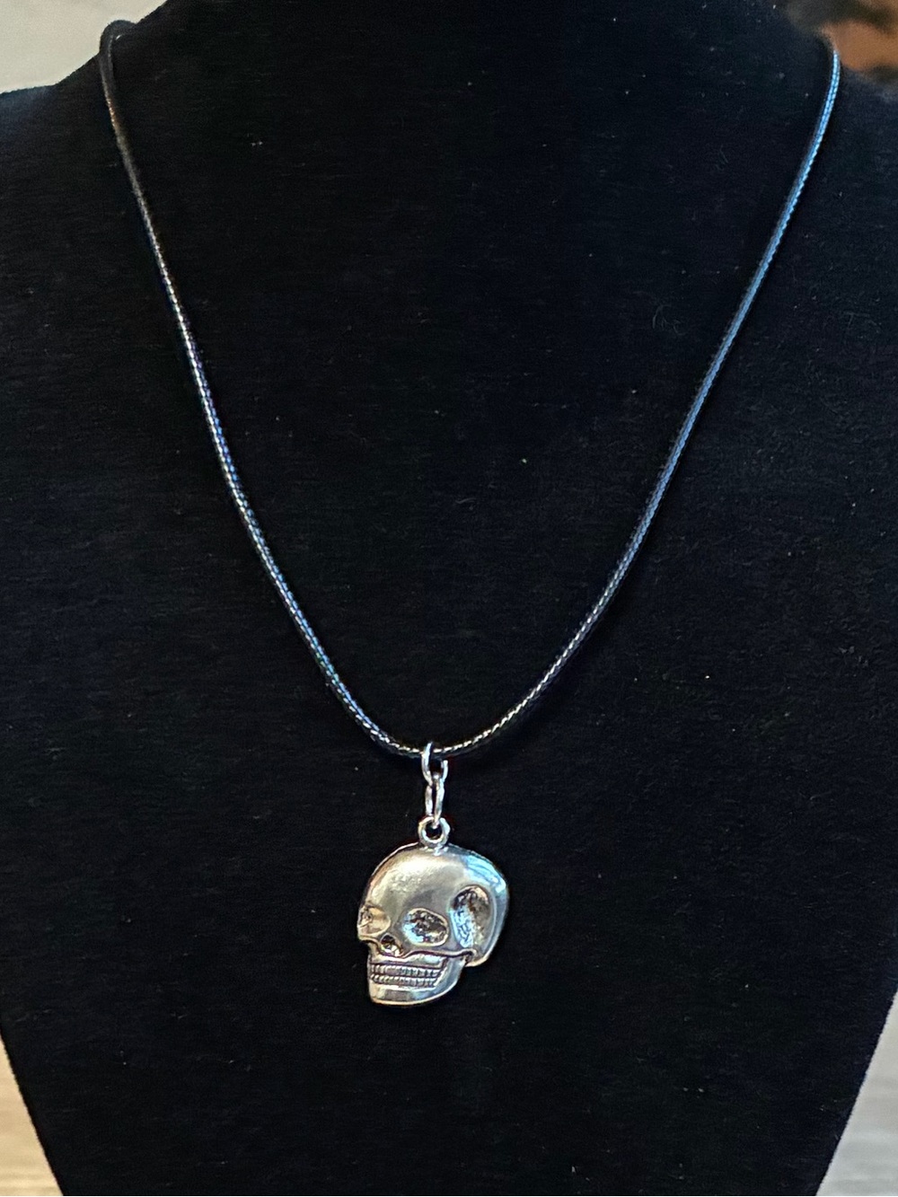 Silver Skull Pendant Necklace with Black Cord | Handcrafted Gothic